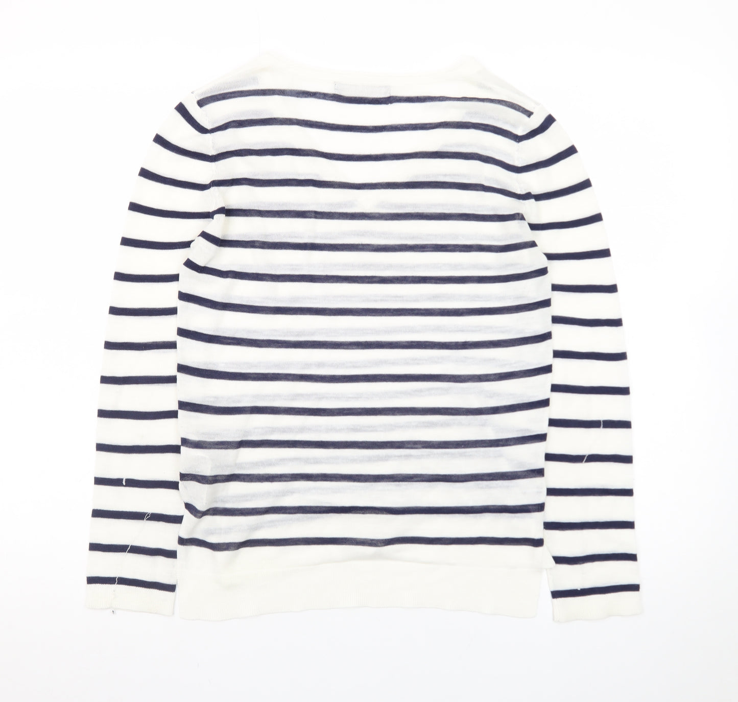 Marks and Spencer Women's Navy Stripe V-Neck Jumper Size 8