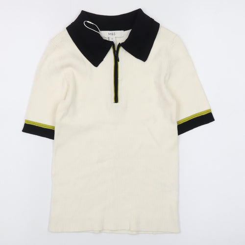 Marks and Spencer Ivory Short Sleeve Slim Knit Polo Shirt XS