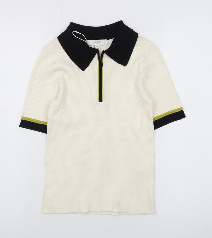 Marks and Spencer Ivory Short Sleeve Slim Knit Polo Shirt XS