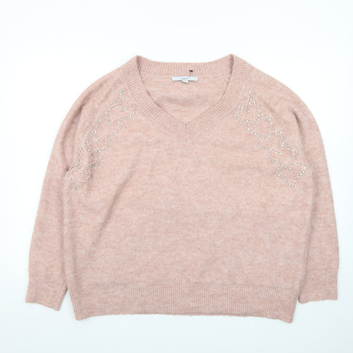Next Women Pink Beaded V-Neck Pullover Jumper Size 16