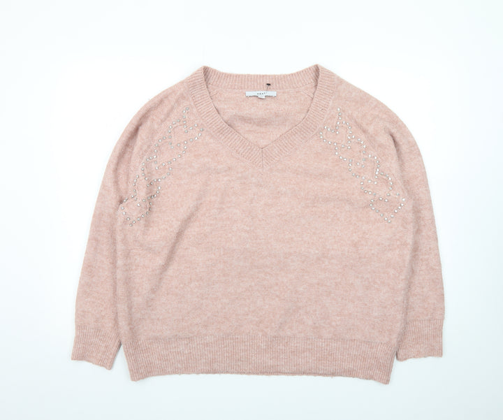 Next Women Pink Beaded V-Neck Pullover Jumper Size 16