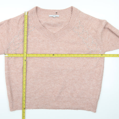 Next Women Pink Beaded V-Neck Pullover Jumper Size 16