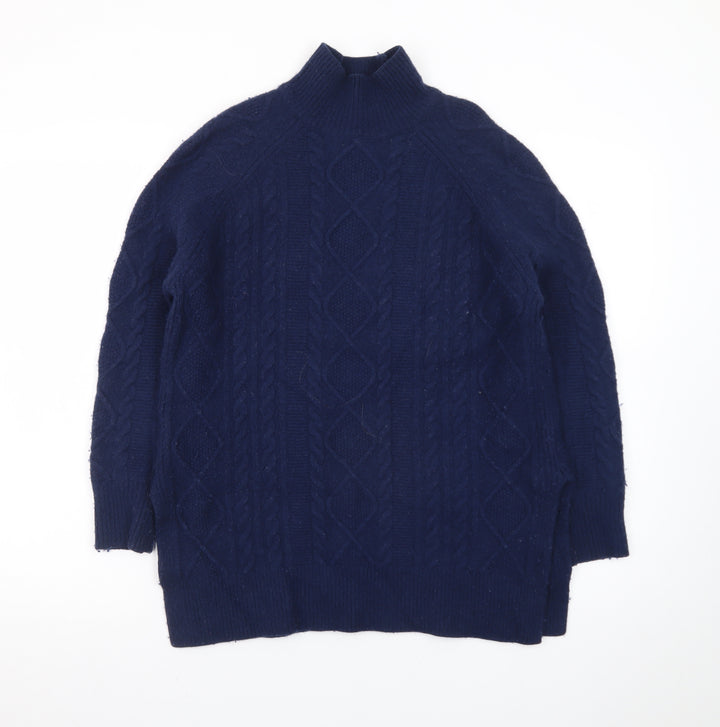 Reiss Women Blue Wool Mock Neck Cable-Knit Jumper XS