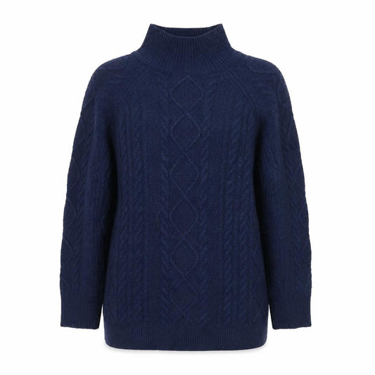 Front view of Reiss Women Blue Wool Mock Neck Cable-Knit Jumper XS