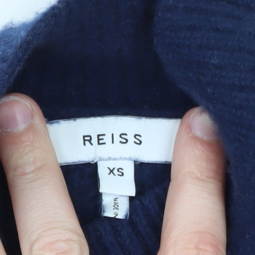 Reiss Women Blue Wool Mock Neck Cable-Knit Jumper XS