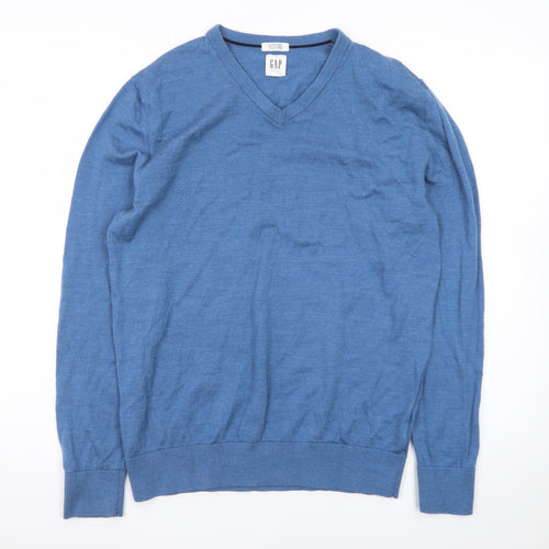 GAP Men's Blue V-Neck Merino Wool Jumper Size M