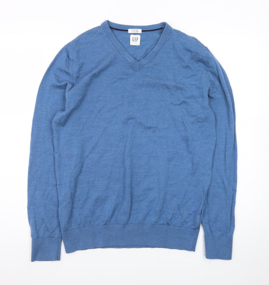 GAP Men's Blue V-Neck Merino Wool Jumper Size M