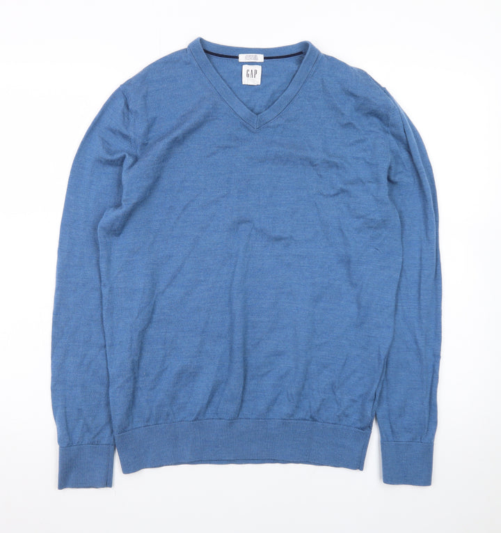 GAP Men's Blue V-Neck Merino Wool Jumper Size M