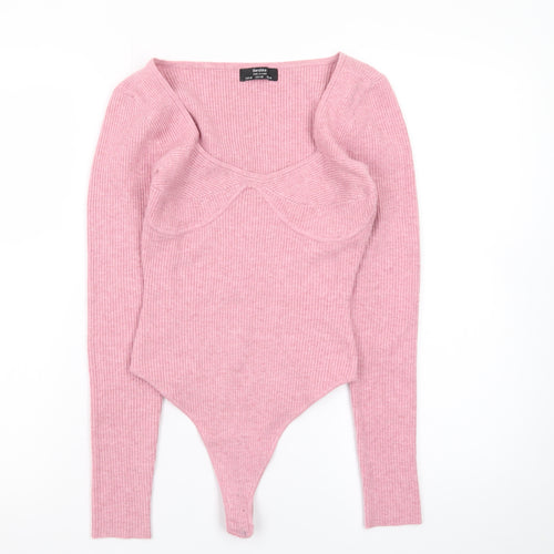Bershka Womens Pink Ribbed Long Sleeve Bodysuit Size 12