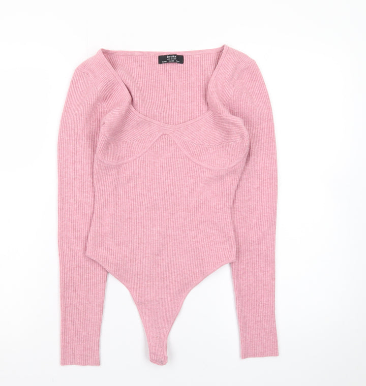 Bershka Womens Pink Ribbed Long Sleeve Bodysuit Size 12