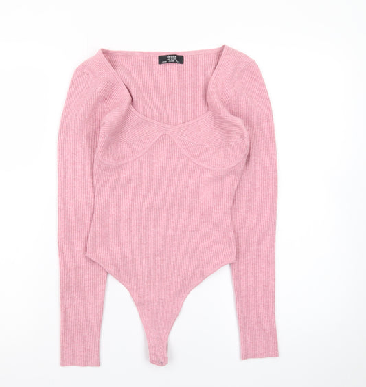Bershka Womens Pink Ribbed Long Sleeve Bodysuit Size 12