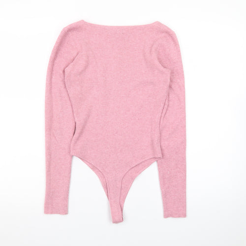 Bershka Womens Pink Ribbed Long Sleeve Bodysuit Size 12