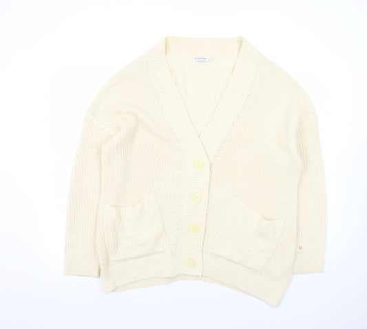 Stradivarius Women Ivory XS Knit Cotton Button Cardigan Jumper