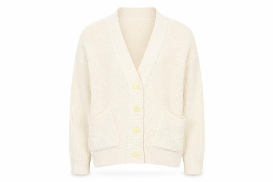 Front view of Stradivarius Women Ivory XS Knit Cotton Button Cardigan Jumper