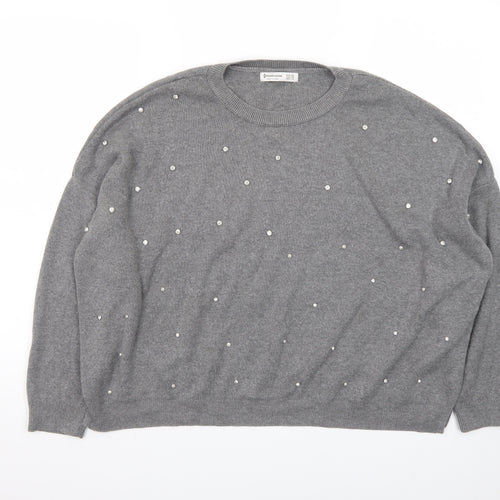 Stradivarius Womens Grey Beaded Knit Pullover Jumper XS