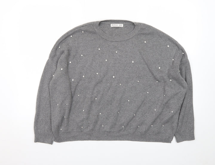 Stradivarius Womens Grey Beaded Knit Pullover Jumper XS