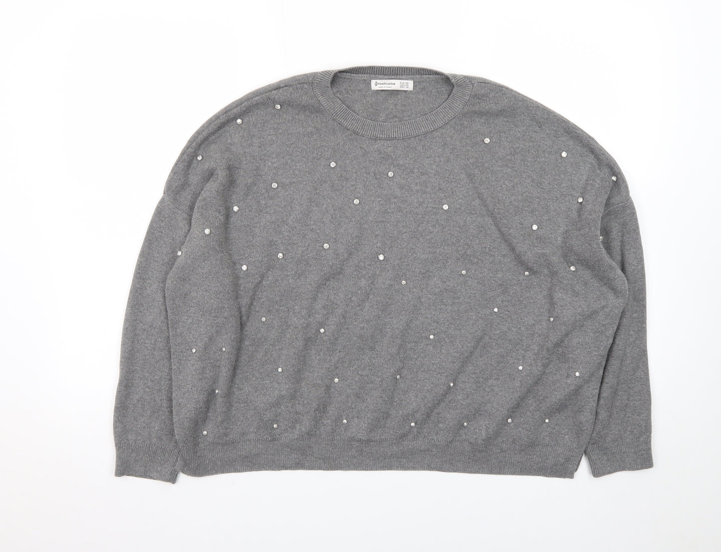 Stradivarius Womens Grey Beaded Knit Pullover Jumper XS