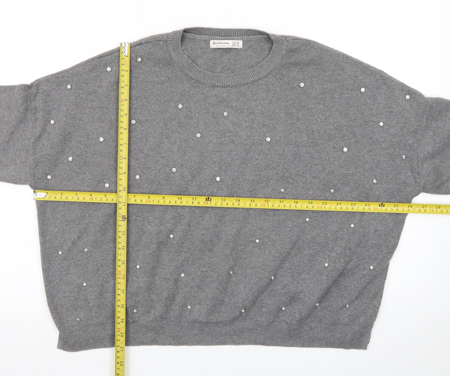 Stradivarius Womens Grey Beaded Knit Pullover Jumper XS