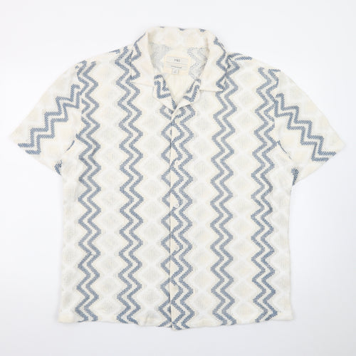 Marks and Spencer Men's Beige Blue Zigzag Knit Short Sleeve Cardigan M