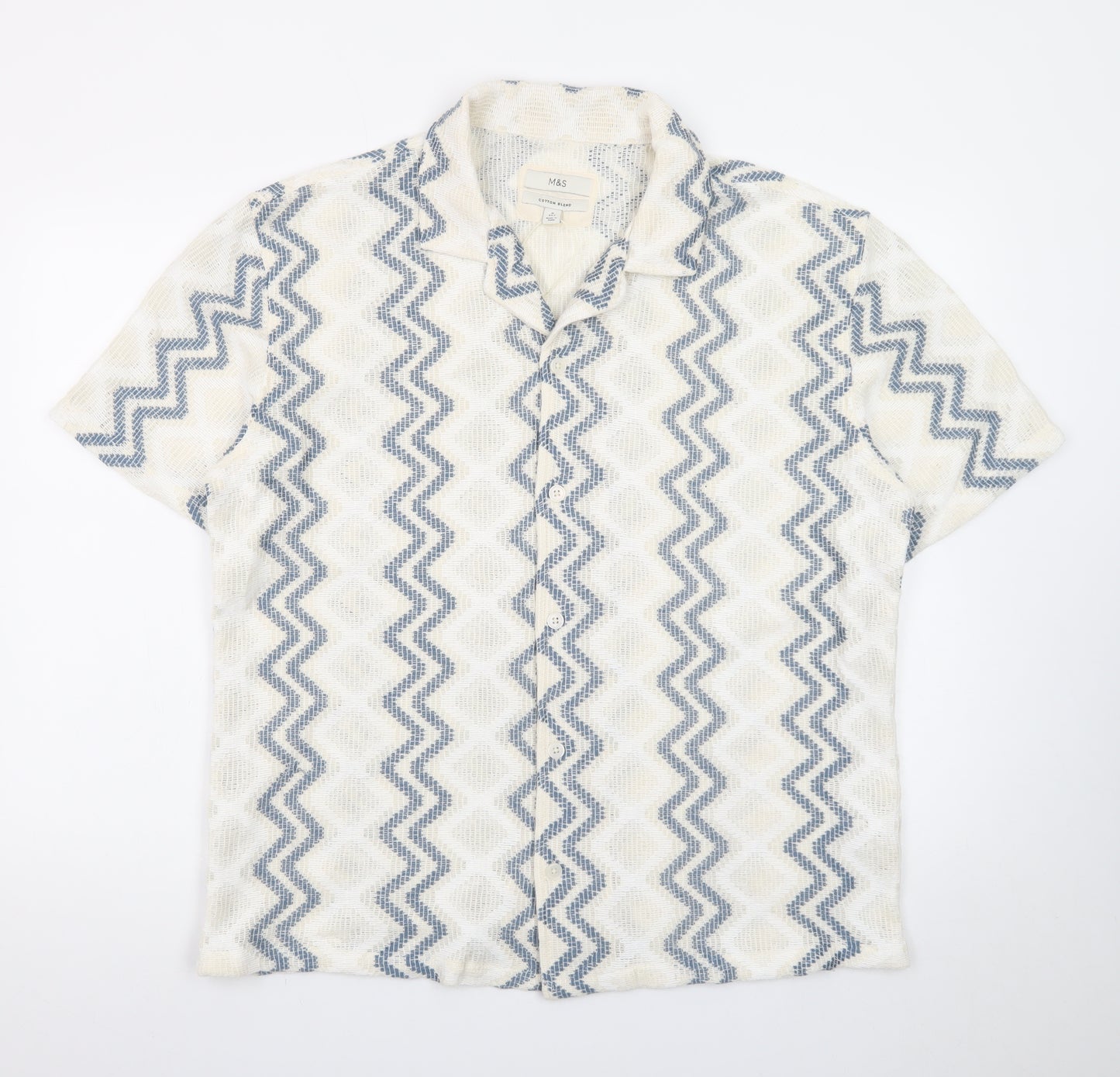 Marks and Spencer Men's Beige Blue Zigzag Knit Short Sleeve Cardigan M