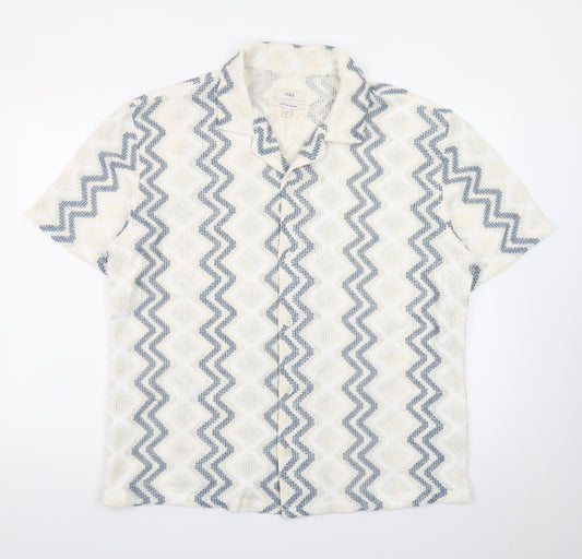 Marks and Spencer Men's Beige Blue Zigzag Knit Short Sleeve Cardigan M
