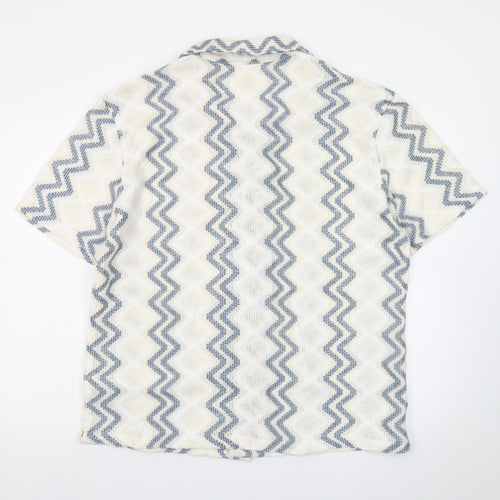 Marks and Spencer Men's Beige Blue Zigzag Knit Short Sleeve Cardigan M