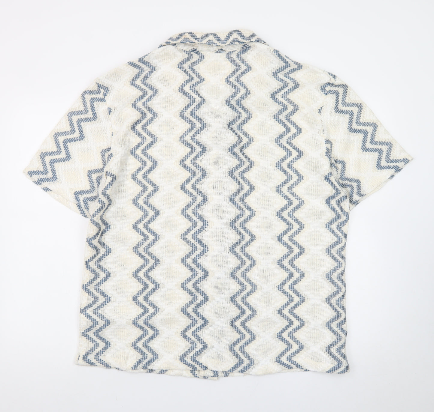 Marks and Spencer Men's Beige Blue Zigzag Knit Short Sleeve Cardigan M
