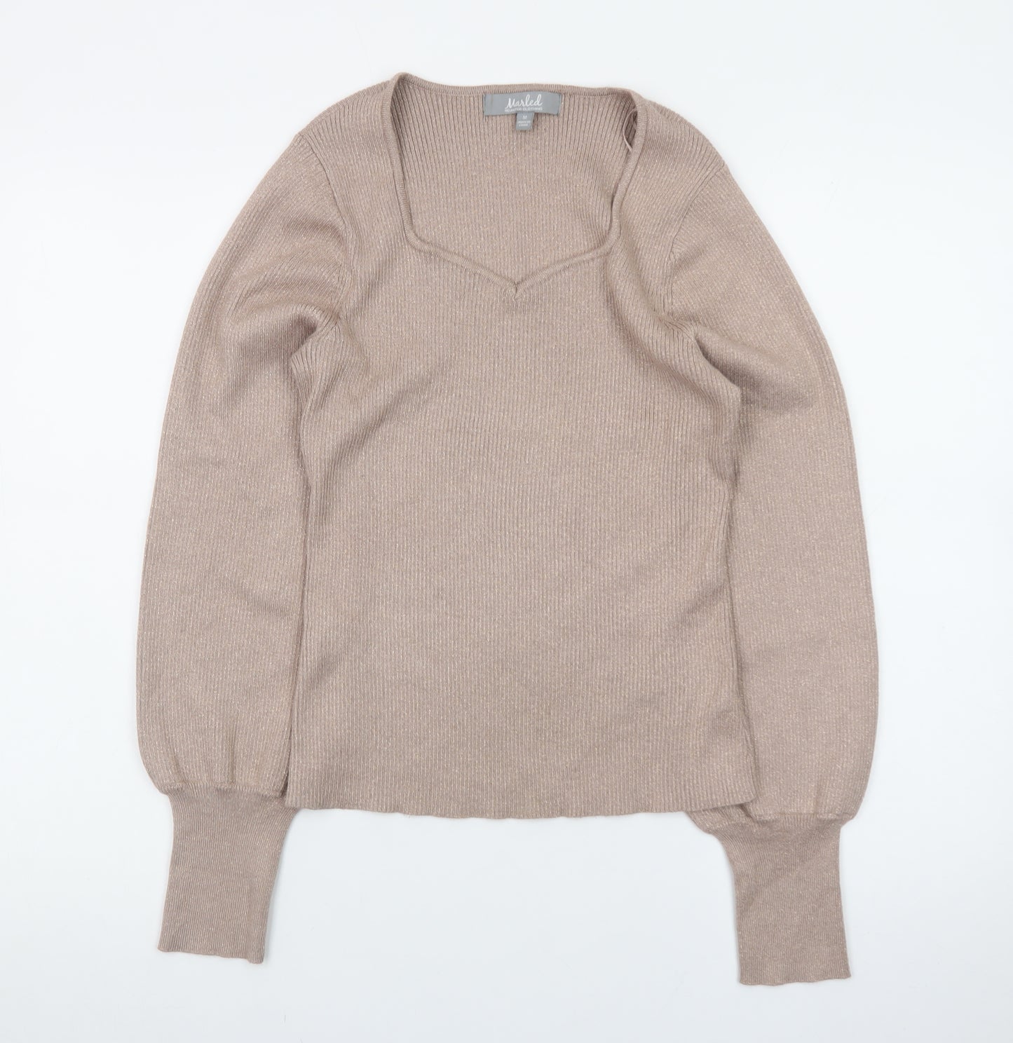 Marled Womens Beige V-Neck Knit Pullover Jumper Size M
