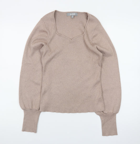 Marled Womens Beige V-Neck Knit Pullover Jumper Size M