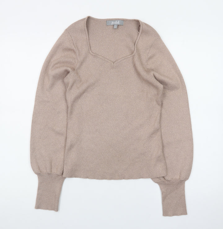 Marled Womens Beige V-Neck Knit Pullover Jumper Size M