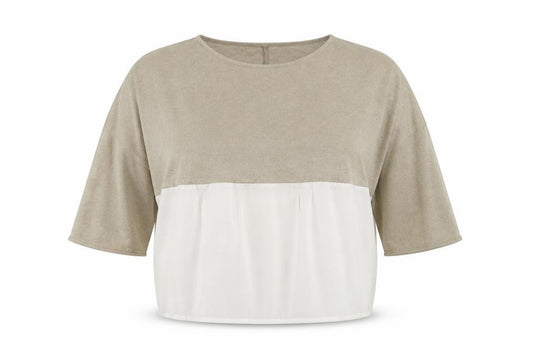 Front view of Zara Women Beige Colourblock Relaxed Knit Chiffon Blouse M