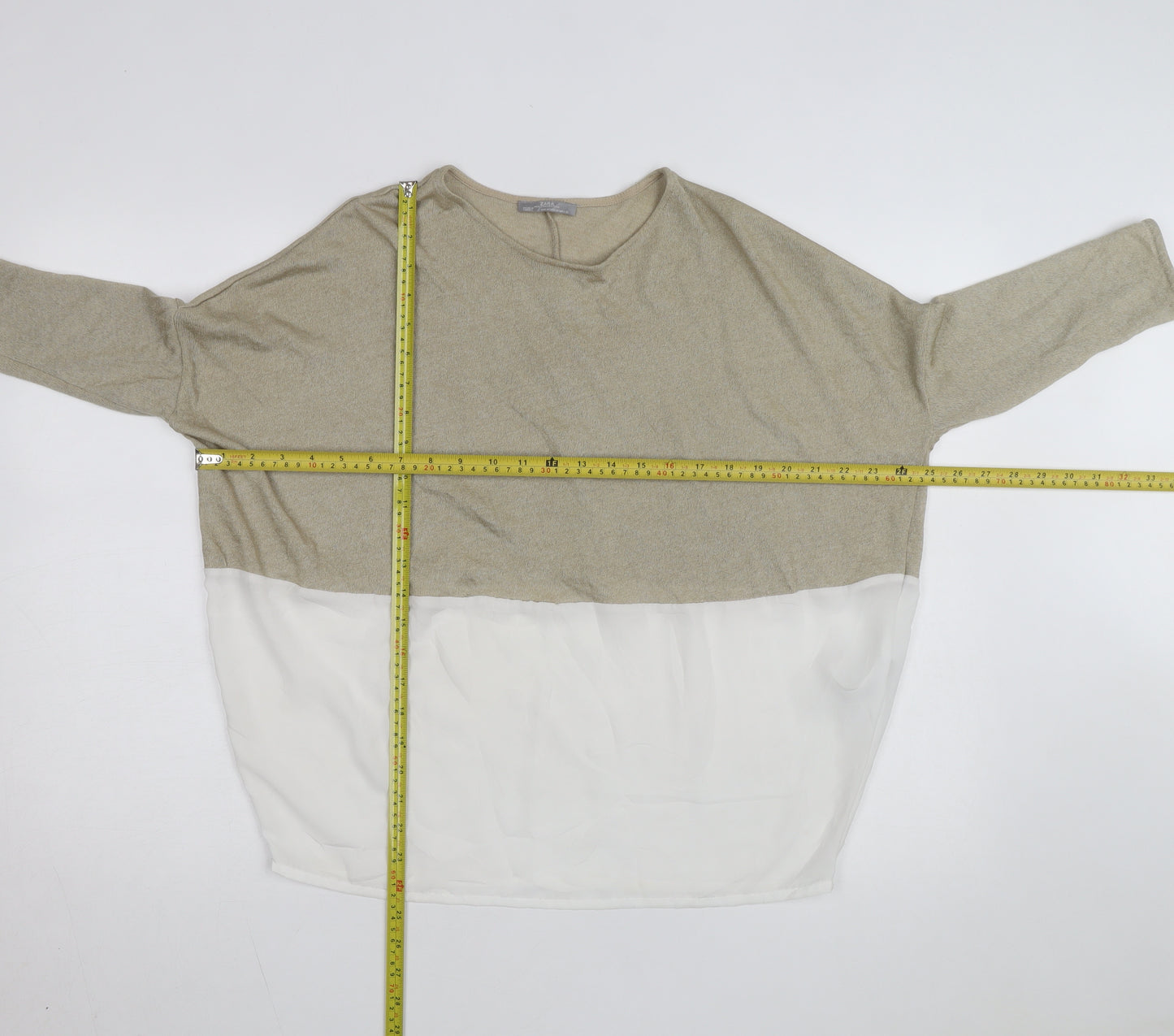 Zara Women Beige Colourblock Relaxed Knit Chiffon Blouse M