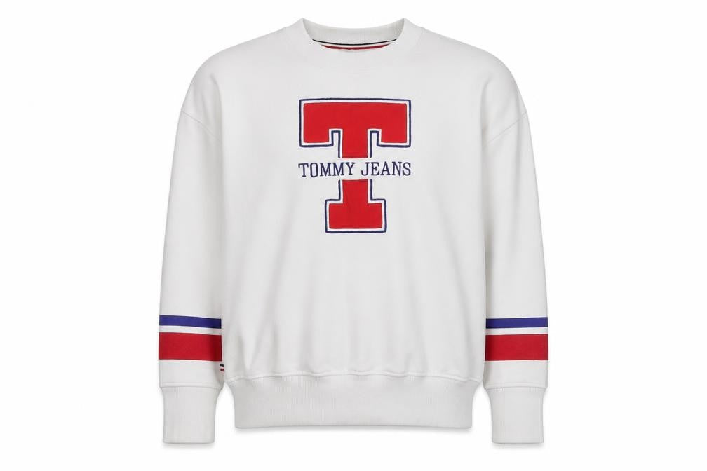 Front view of Tommy Jeans Men's White L Crew Neck Pullover Logo Sweatshirt