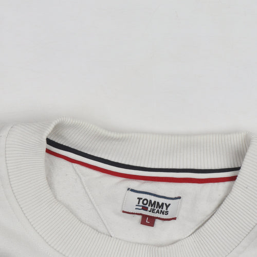Tommy Jeans Men's White L Crew Neck Pullover Logo Sweatshirt