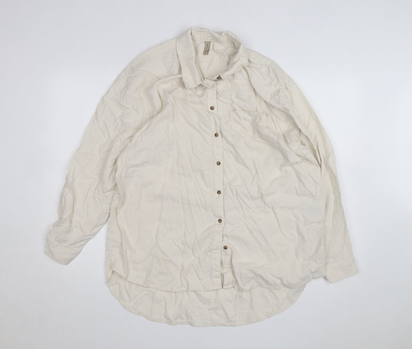 Soya Concept Men's Beige Cotton Linen Long Sleeve Button-Up Shirt Size M