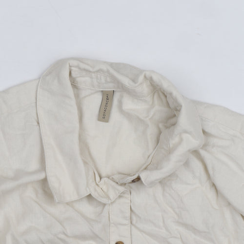 Soya Concept Men's Beige Cotton Linen Long Sleeve Button-Up Shirt Size M