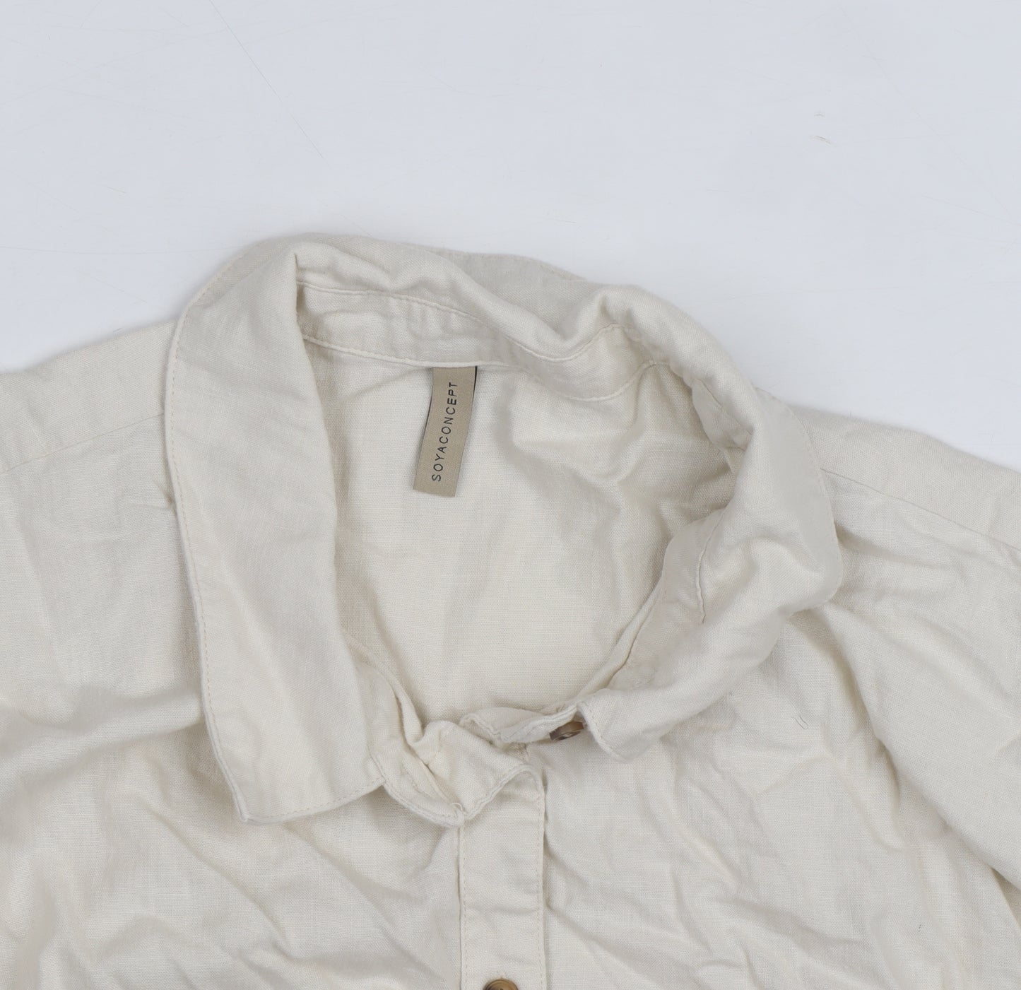 Soya Concept Men's Beige Cotton Linen Long Sleeve Button-Up Shirt Size M