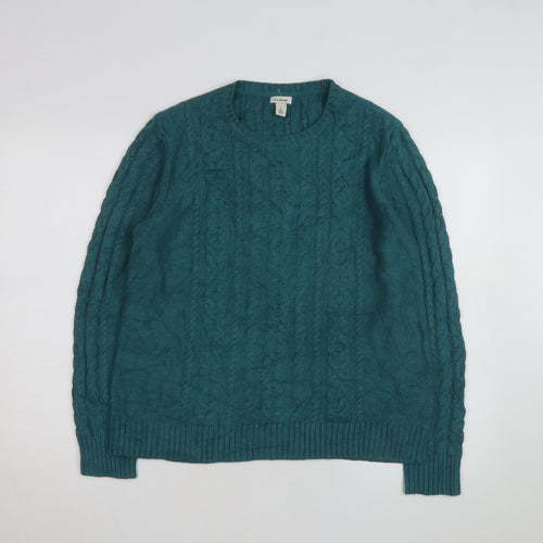 L.L.Bean Mens Green Cable-Knit Cotton Jumper Size L Crew Neck