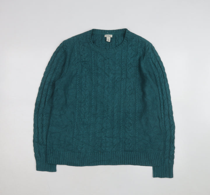 L.L.Bean Mens Green Cable-Knit Cotton Jumper Size L Crew Neck