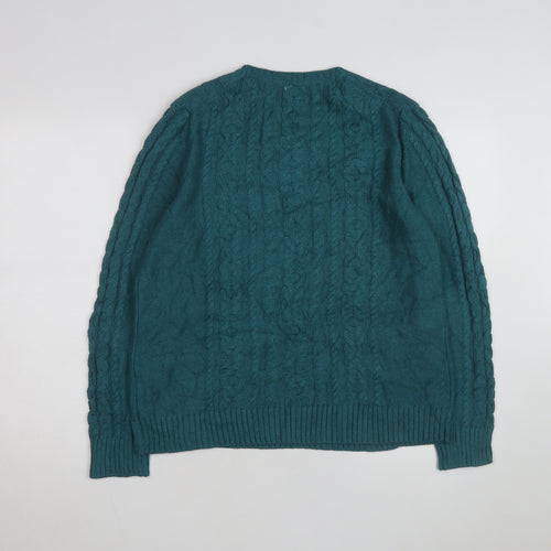 L.L.Bean Mens Green Cable-Knit Cotton Jumper Size L Crew Neck