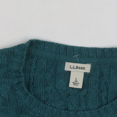 L.L.Bean Mens Green Cable-Knit Cotton Jumper Size L Crew Neck