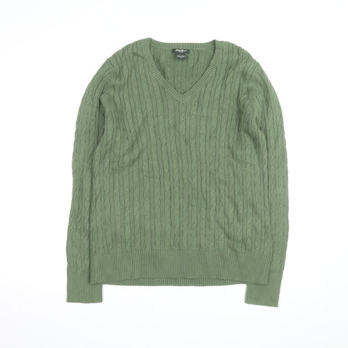 Eddie Bauer Women Green Cable-Knit V-Neck Cotton Jumper M