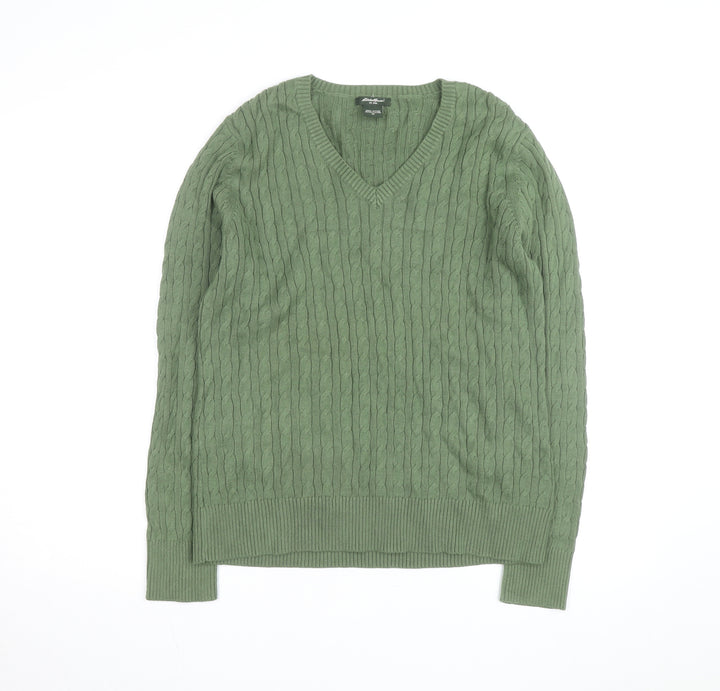 Eddie Bauer Women Green Cable-Knit V-Neck Cotton Jumper M
