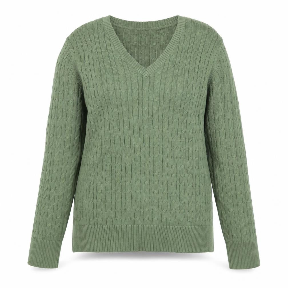 Eddie Bauer Women Green Cable-Knit V-Neck Cotton Jumper M