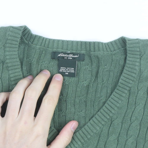 Eddie Bauer Women Green Cable-Knit V-Neck Cotton Jumper M