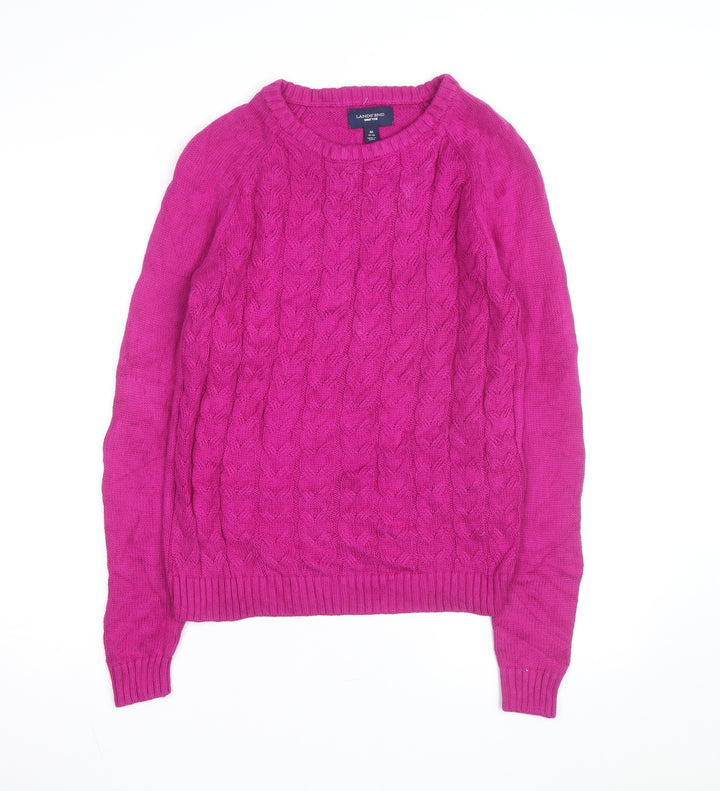 Lands' End Women's Pink Cable-Knit Cotton Jumper M 10-12 Crew Neck