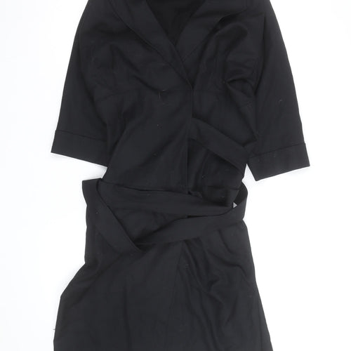MaxMara Women’s Black Cotton Wrap Dress Size 14 Collared Belted Style