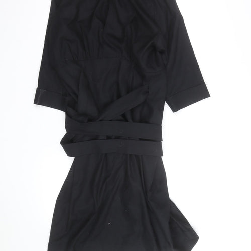 MaxMara Women’s Black Cotton Wrap Dress Size 14 Collared Belted Style
