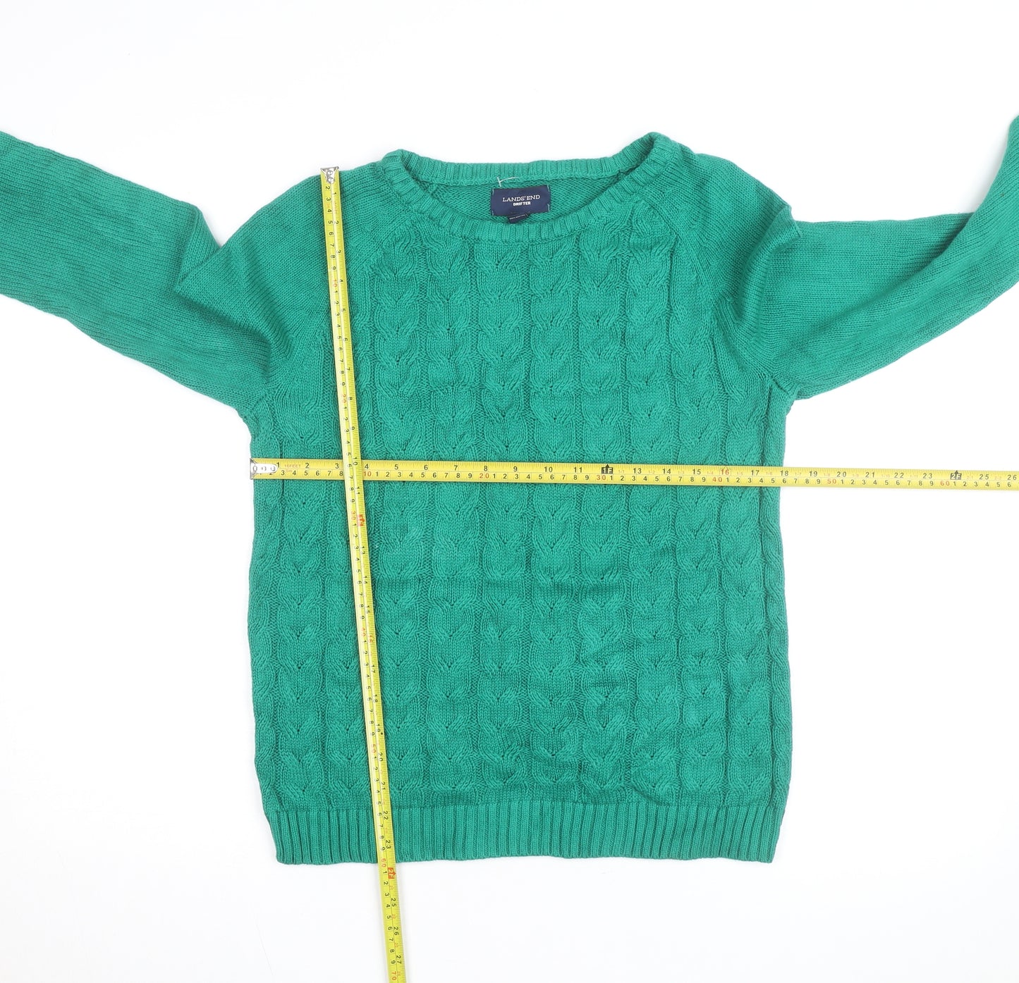 Lands' End Women's Green Cable Knit Cotton Jumper M 10-12