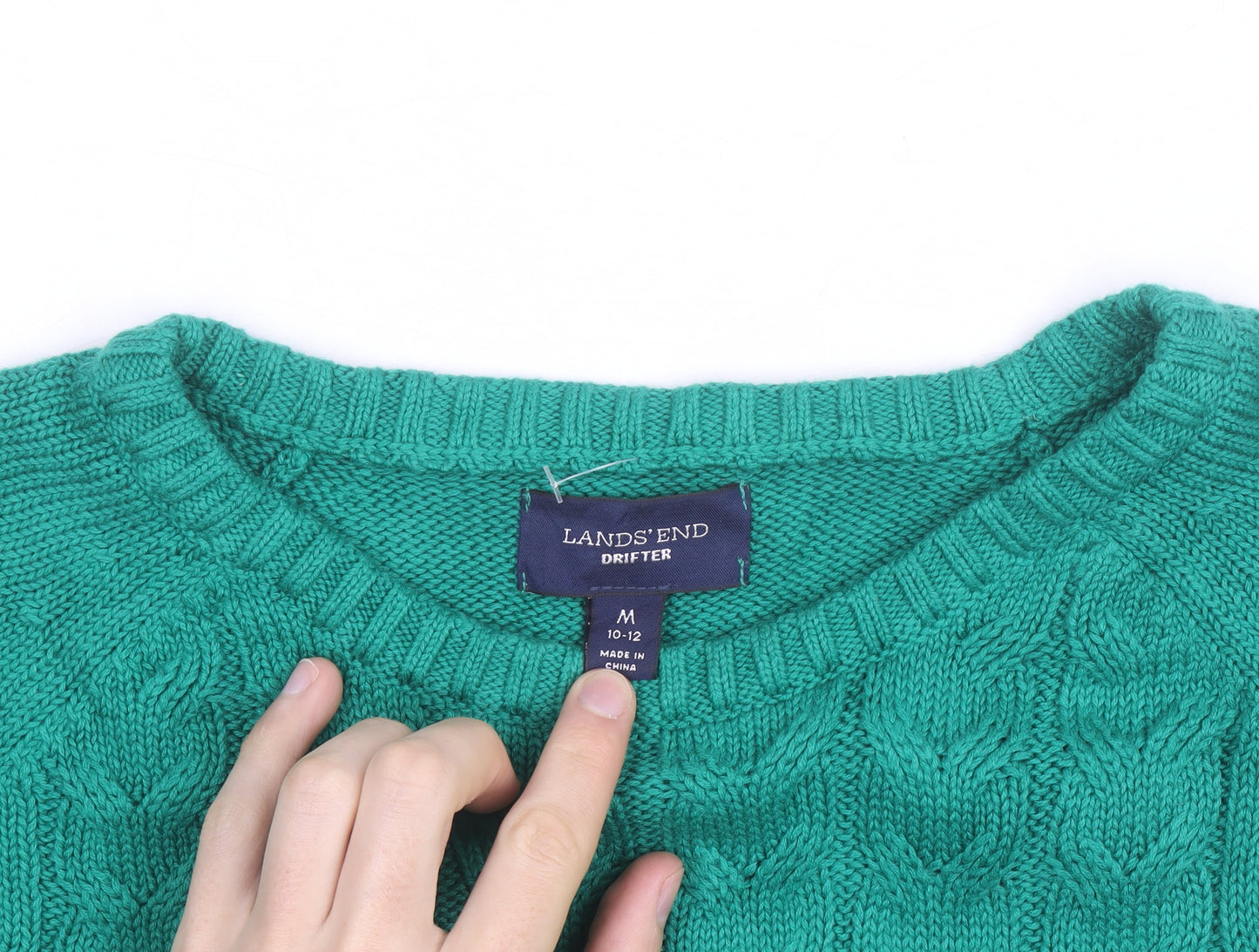 Lands' End Women's Green Cable Knit Cotton Jumper M 10-12